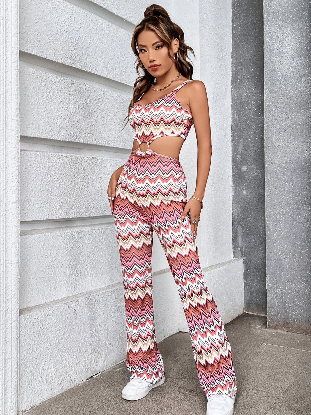 Chevron Print Ring Linked Cut Out Cami Jumpsuit