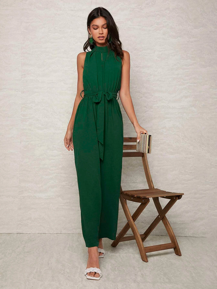 Keyhole Neckline Zip Back Belted Jumpsuit