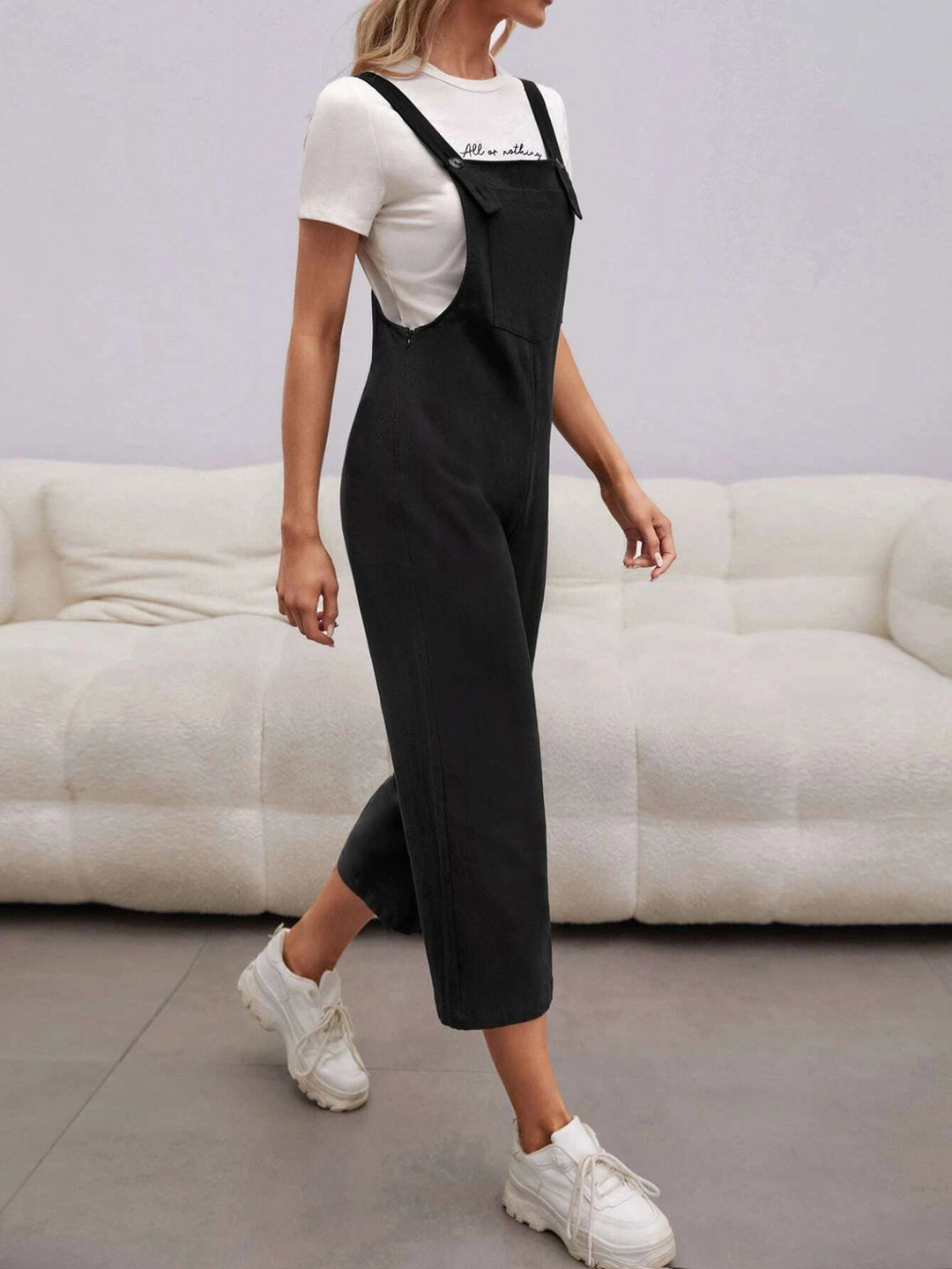 Solid Adjustable Strap Overall Jumpsuit