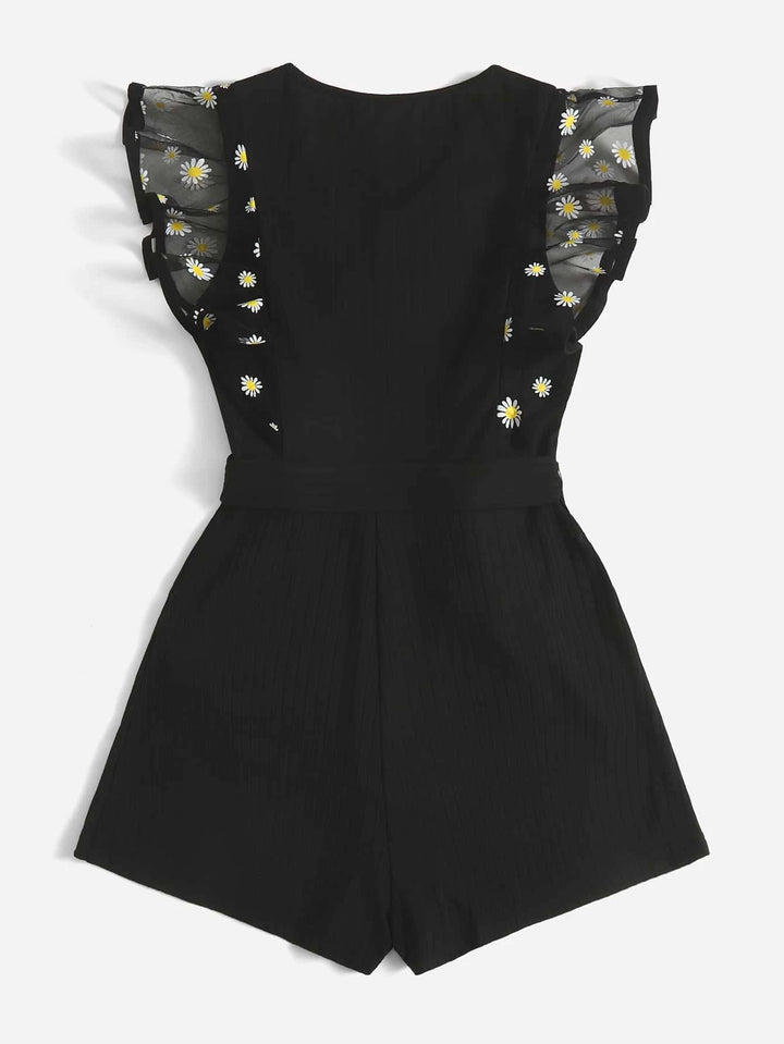 Floral Print Mesh Panel Butterfly Sleeve Belted Romper