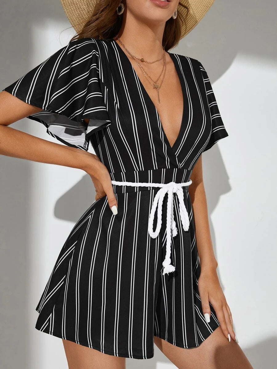 Striped Print Deep V Neck Belt Romper