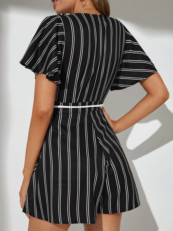 Striped Print Deep V Neck Belt Romper