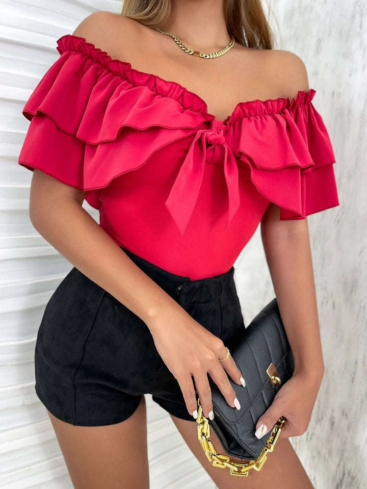 Off Shoulder Ruffle Trim Knot Front Bodysuit