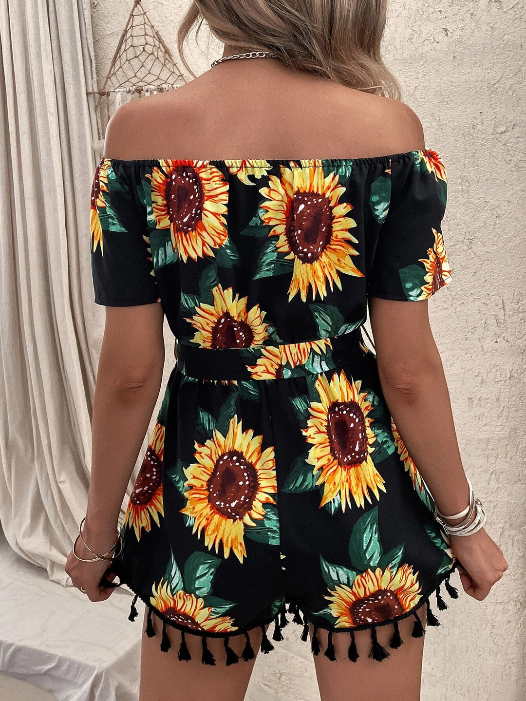 Sunflower Print Off Shoulder Belted Romper