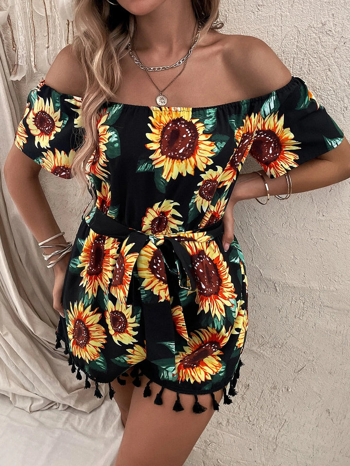 Sunflower Print Off Shoulder Belted Romper