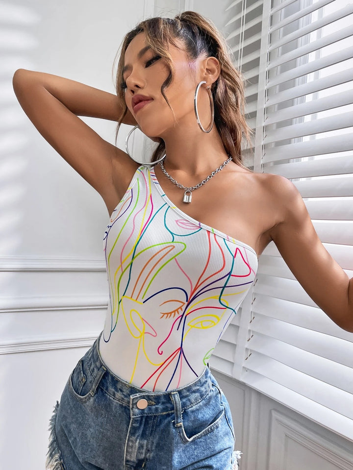 Abstract Figure Graphic One Shoulder Bodysuit