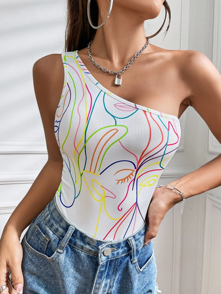 Abstract Figure Graphic One Shoulder Bodysuit