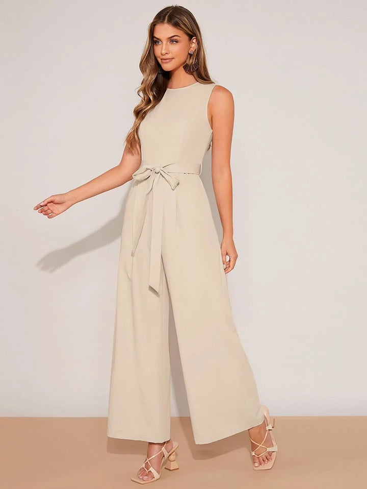 Plicated Detail Wide Leg Belted Jumpsuit