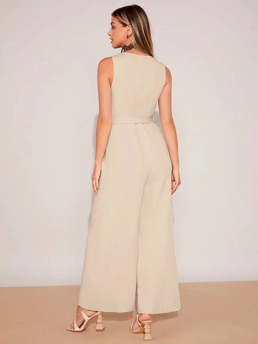 Plicated Detail Wide Leg Belted Jumpsuit