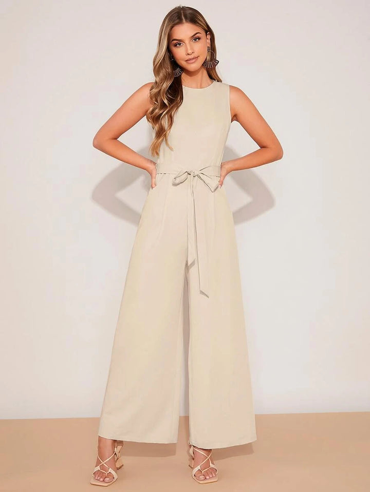 Plicated Detail Wide Leg Belted Jumpsuit