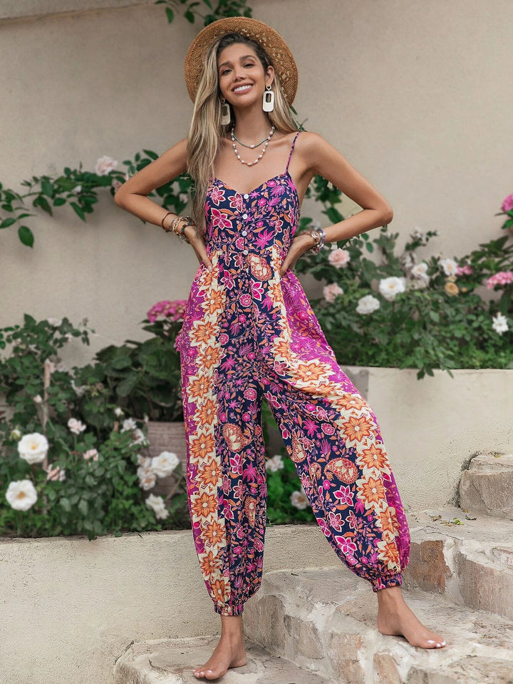 Floral Print Button Front Cami Jumpsuit