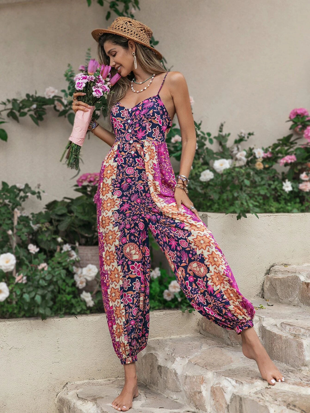 Floral Print Button Front Cami Jumpsuit