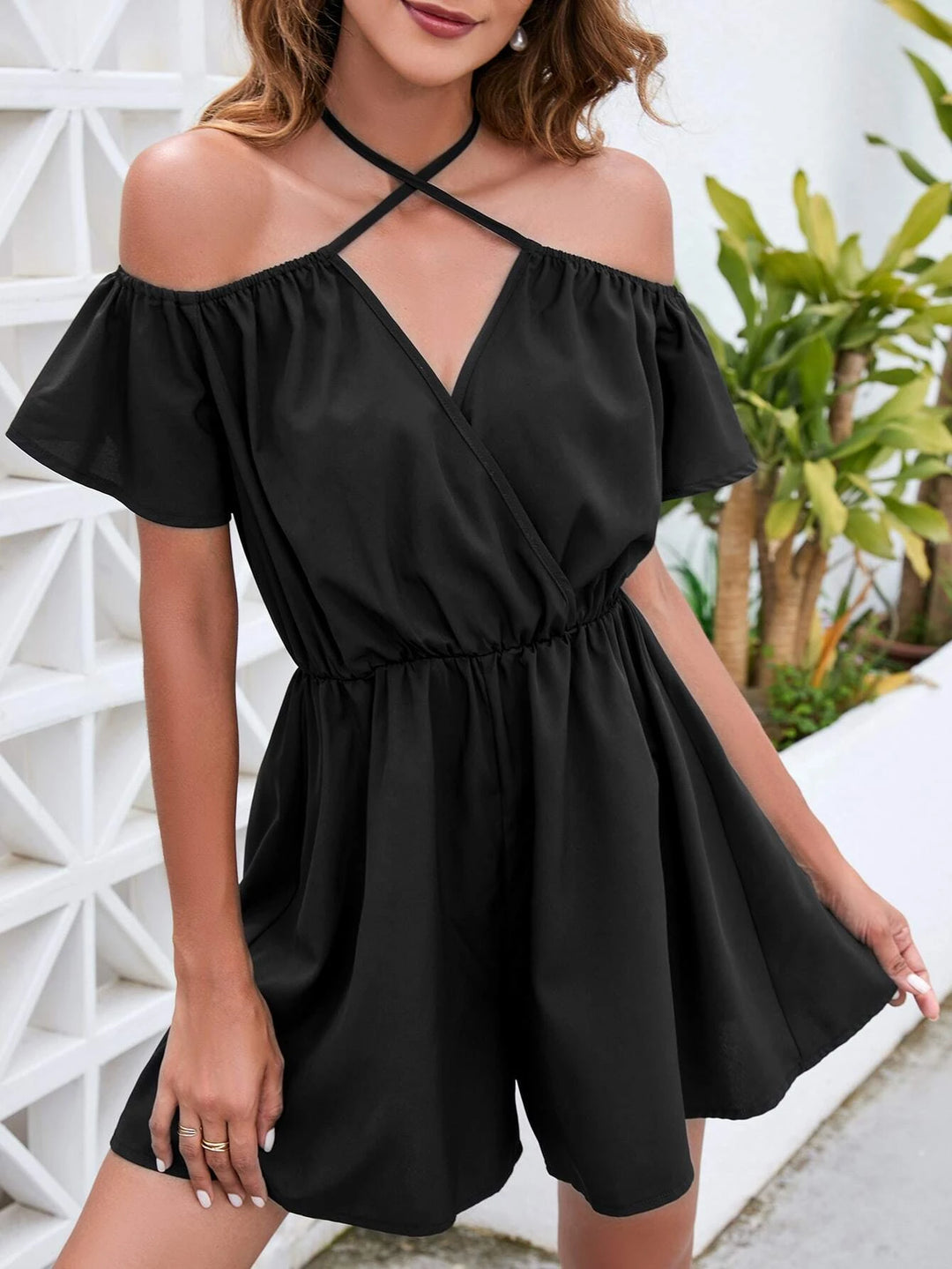 Neck Flutter Sleeve Romper