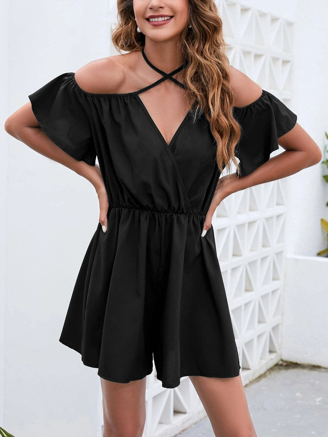 Neck Flutter Sleeve Romper