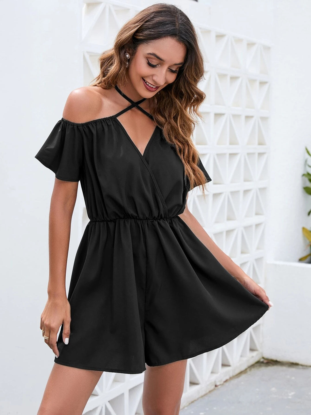 Neck Flutter Sleeve Romper