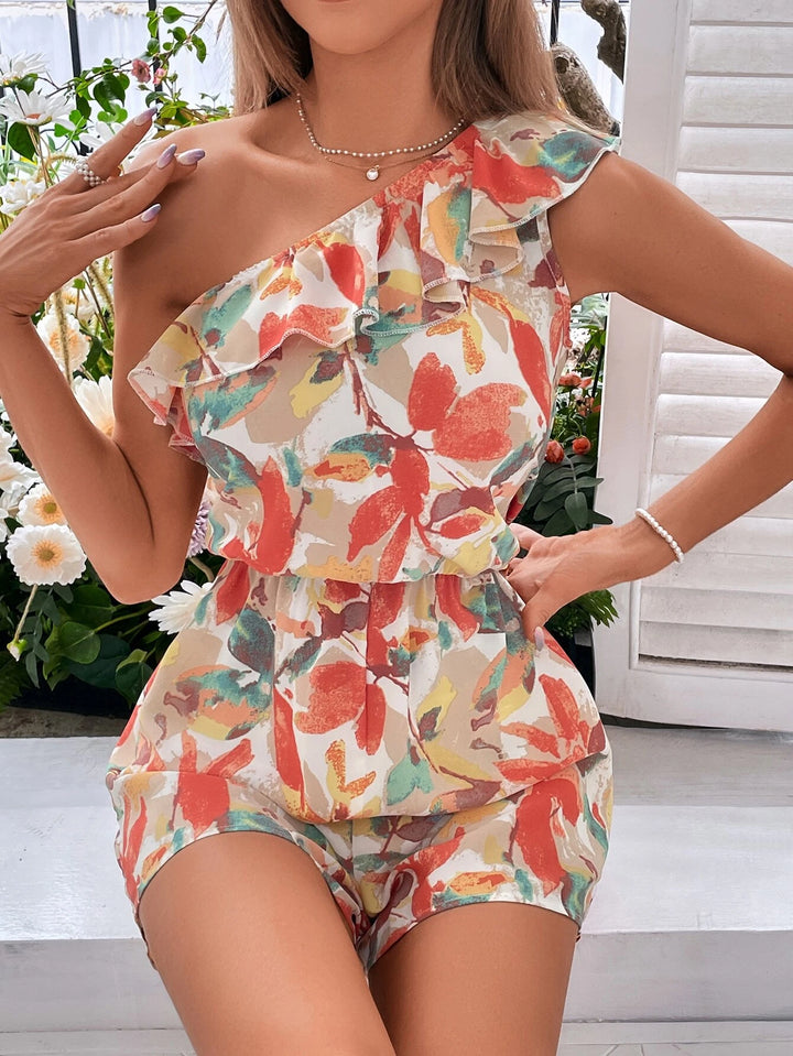 One Shoulder Neckline Ruffle Trim Romper