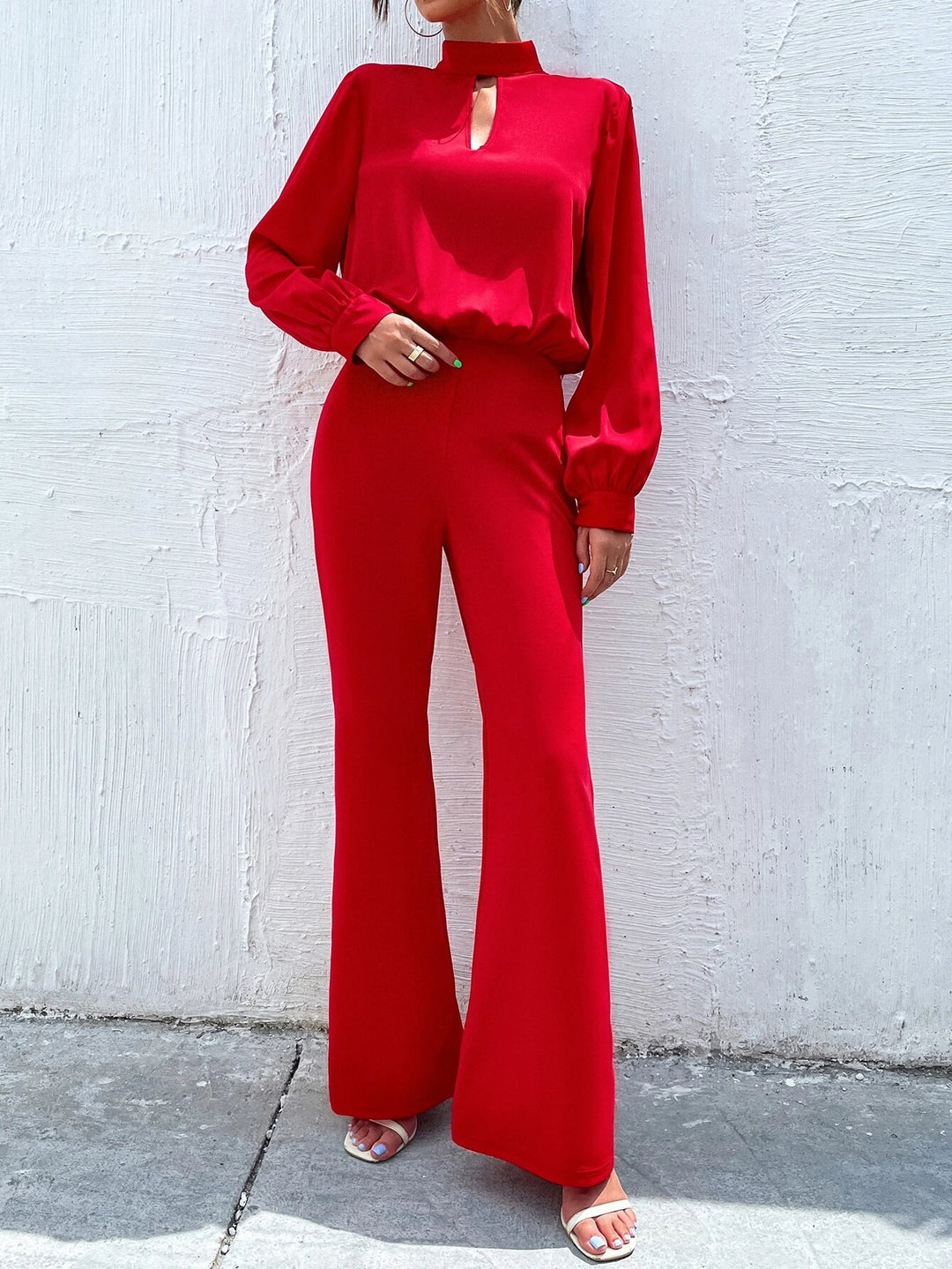 Keyhole Neck Lantern Sleeve Jumpsuit