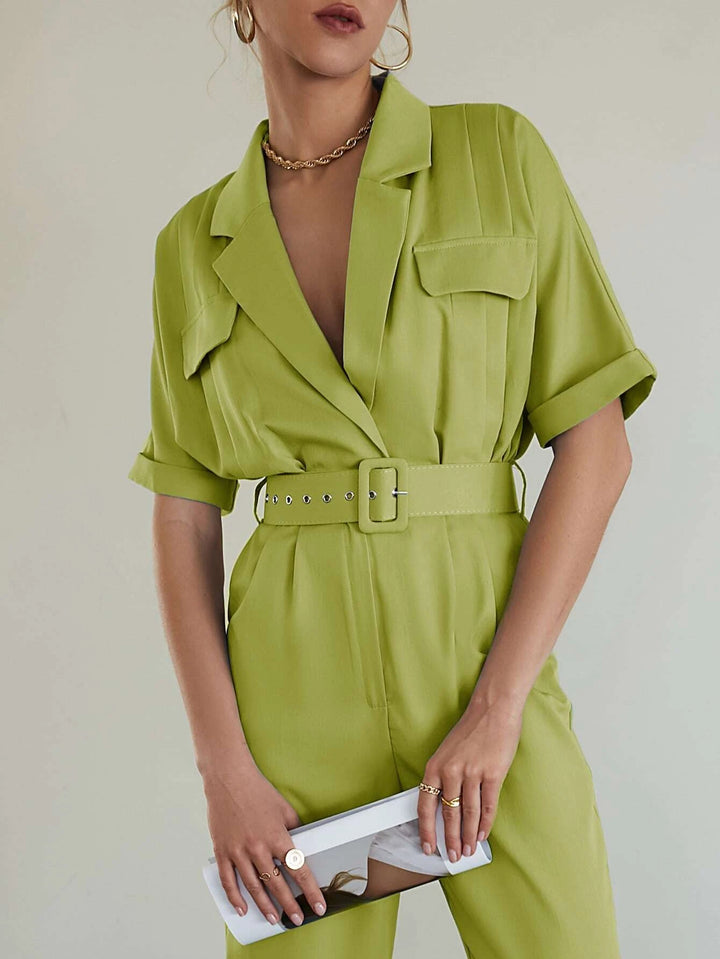 Lapel Neck Belted Shirt Jumpsuit