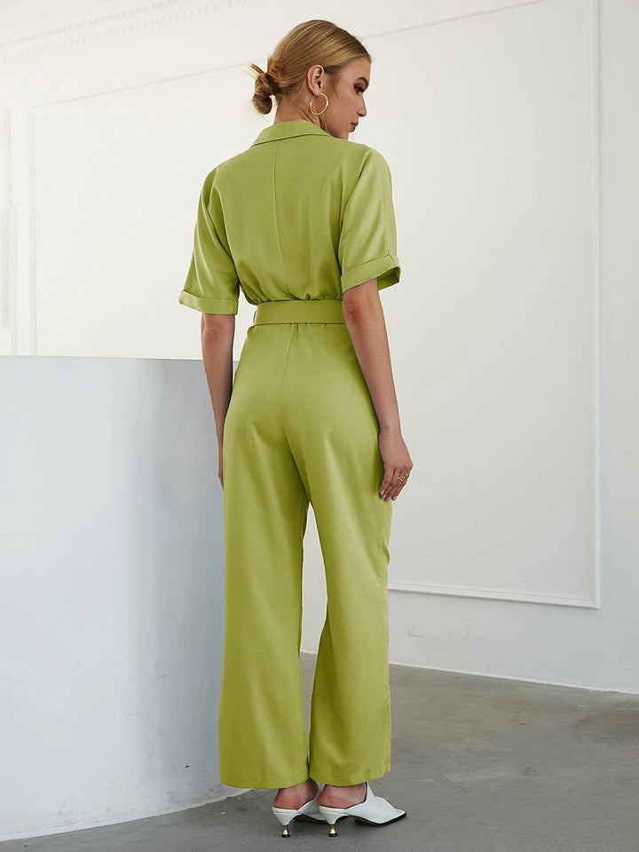 Lapel Neck Belted Shirt Jumpsuit