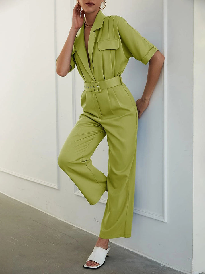 Lapel Neck Belted Shirt Jumpsuit