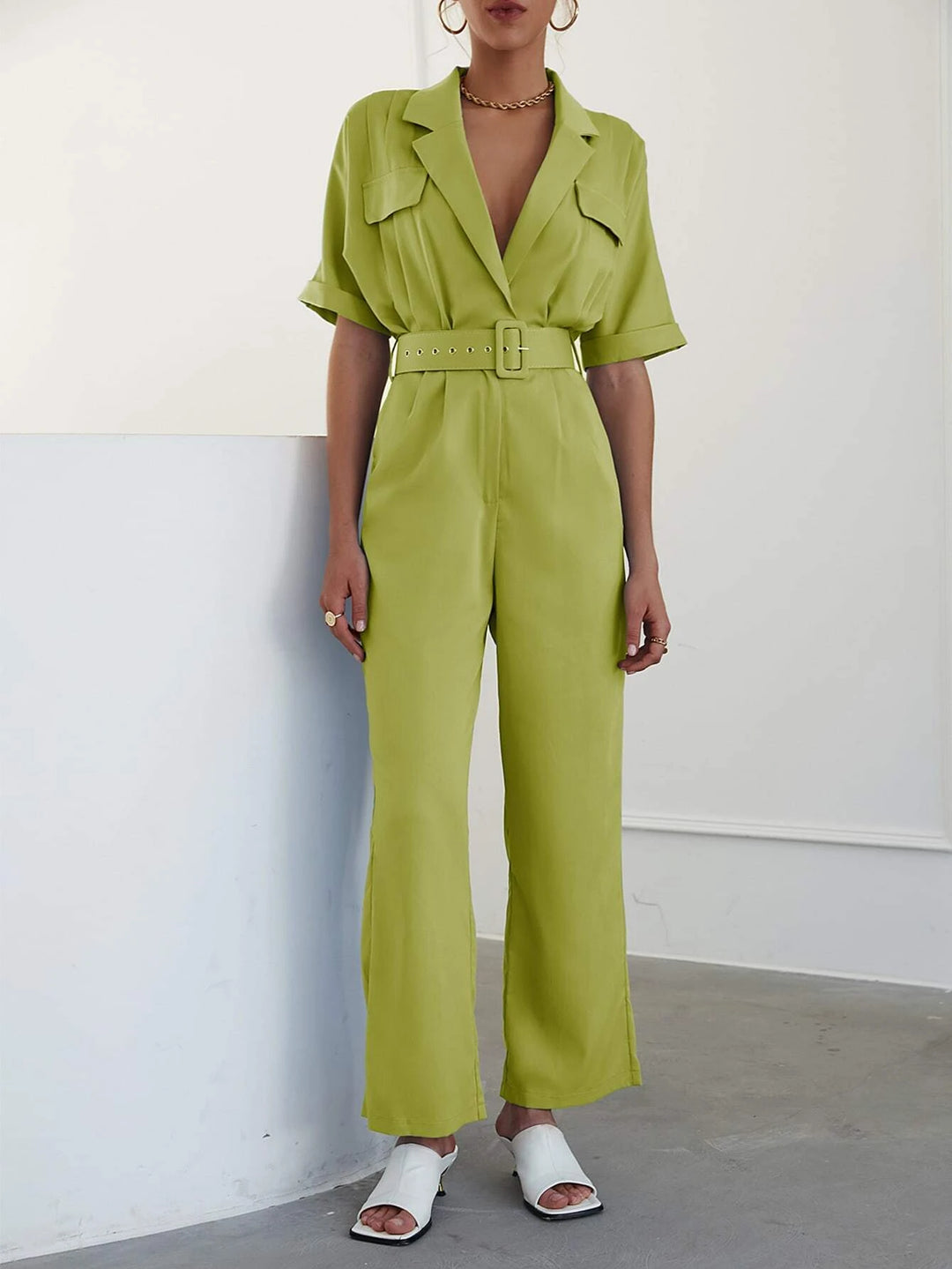 Lapel Neck Belted Shirt Jumpsuit