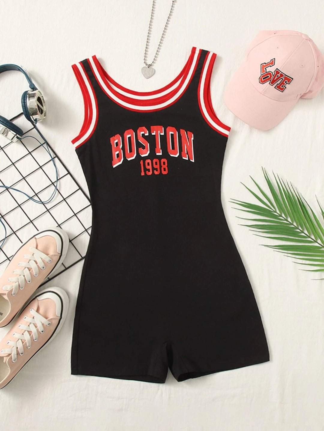 Letter and Number Print Tank Unitard Romper