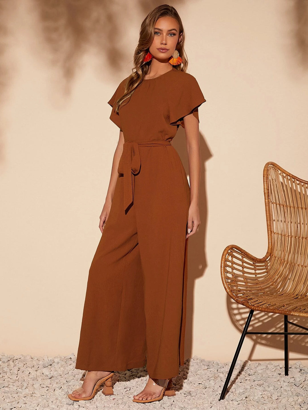 Butterfly Sleeve Belted Wide Leg Jumpsuit