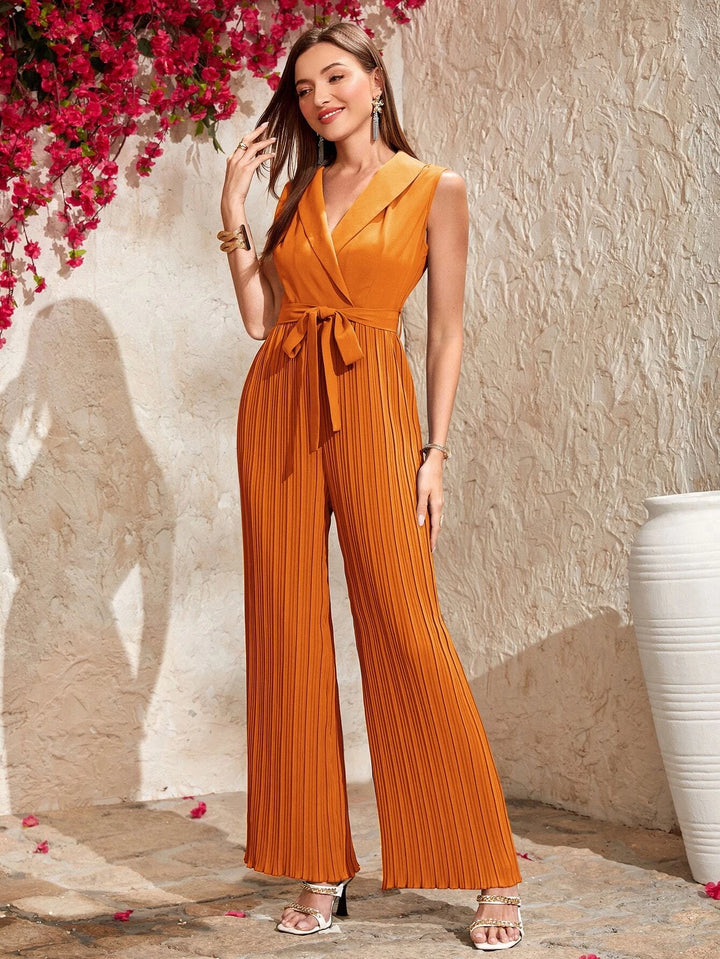 Collar Pleated Belted Shirt Jumpsuit