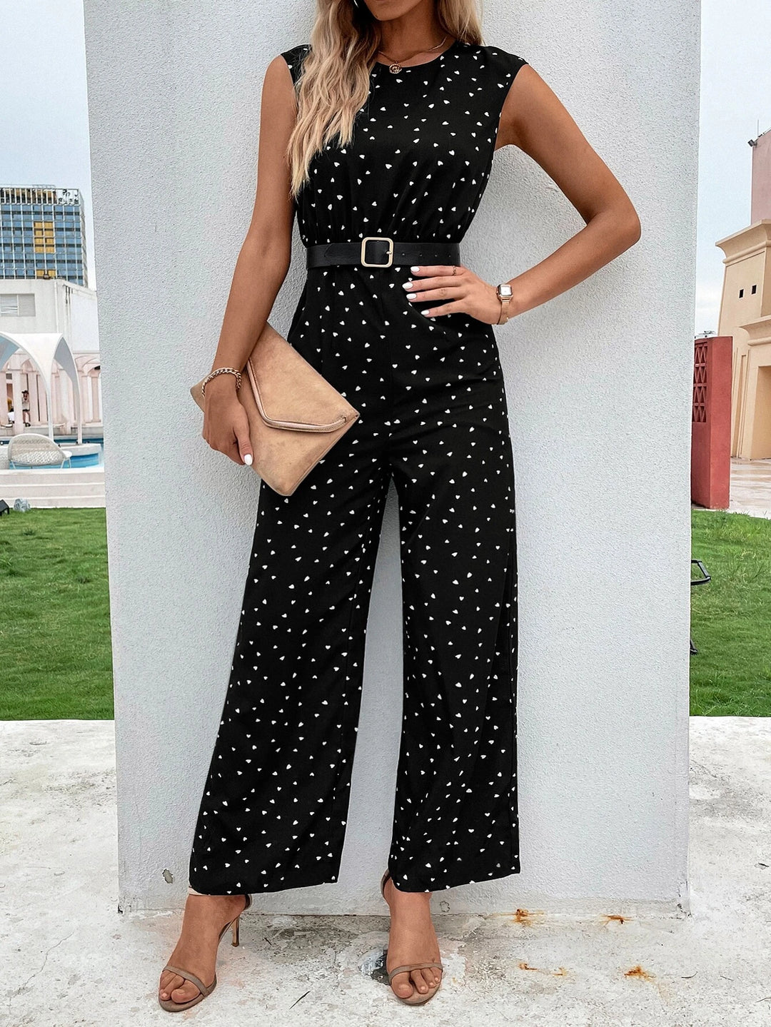 Printed Sleeveless Jumpsuit Without Belt