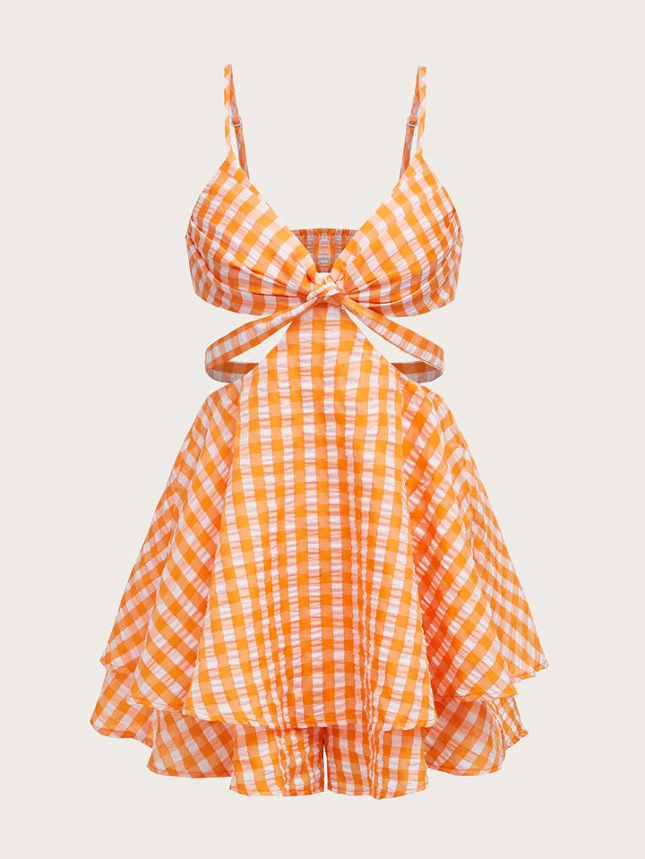 Gingham Print Cut Out Layered Hem Cami Romper