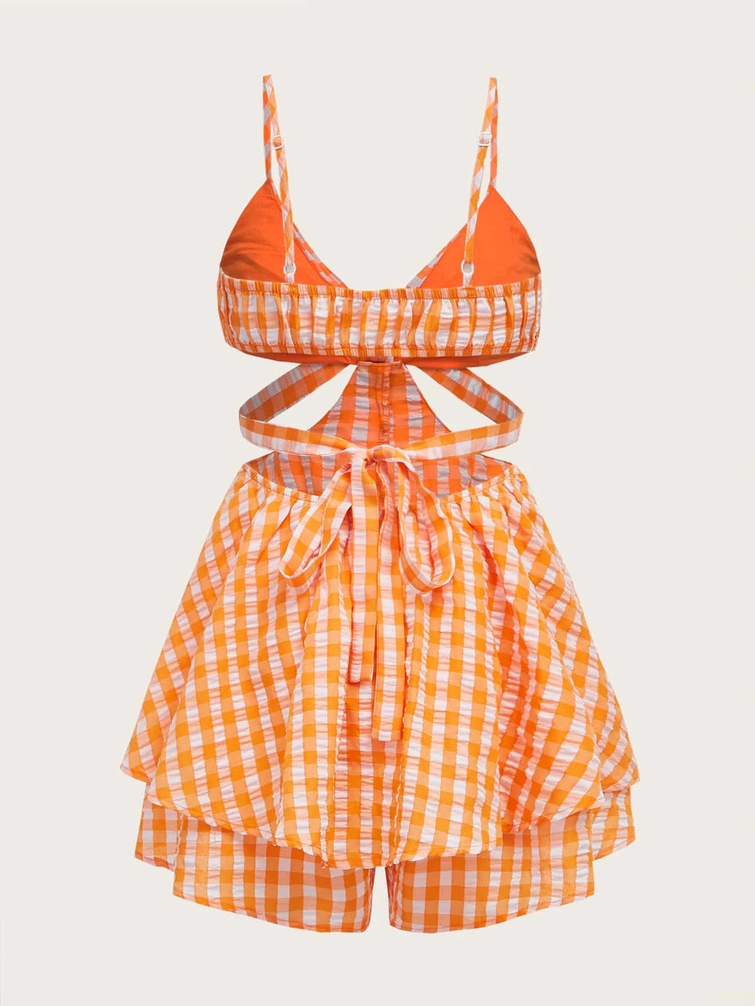 Gingham Print Cut Out Layered Hem Cami Romper