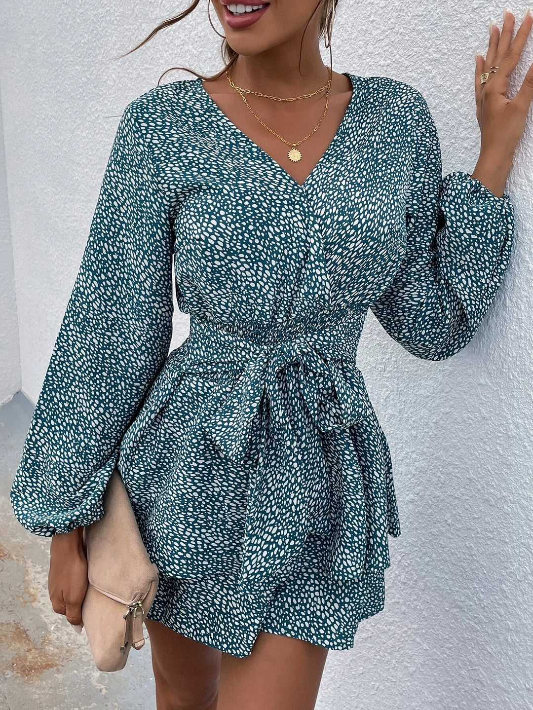 Print Lantern Sleeve Layered Hem Belted Romper