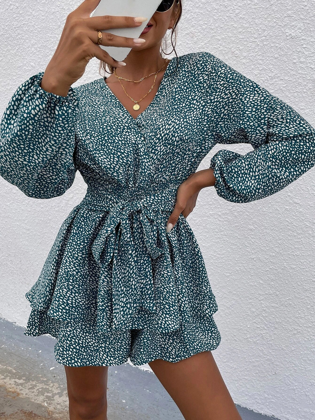 Print Lantern Sleeve Layered Hem Belted Romper