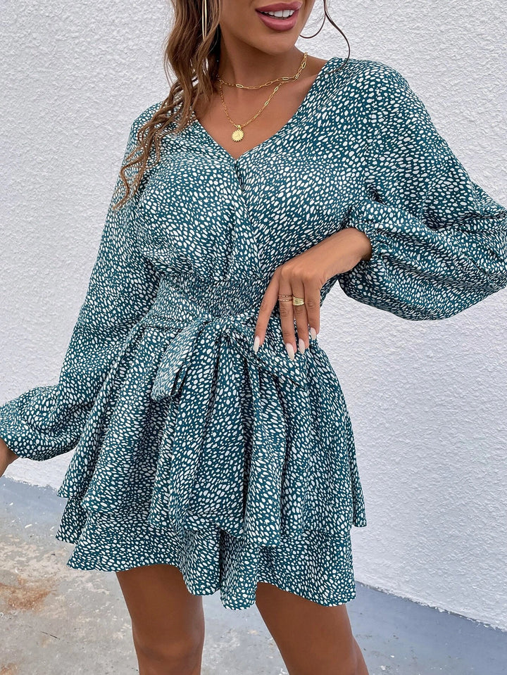 Print Lantern Sleeve Layered Hem Belted Romper