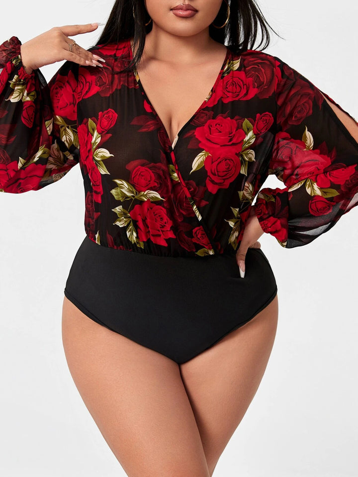 Plus Floral Print Split Sleeve V-neck Bodysuit