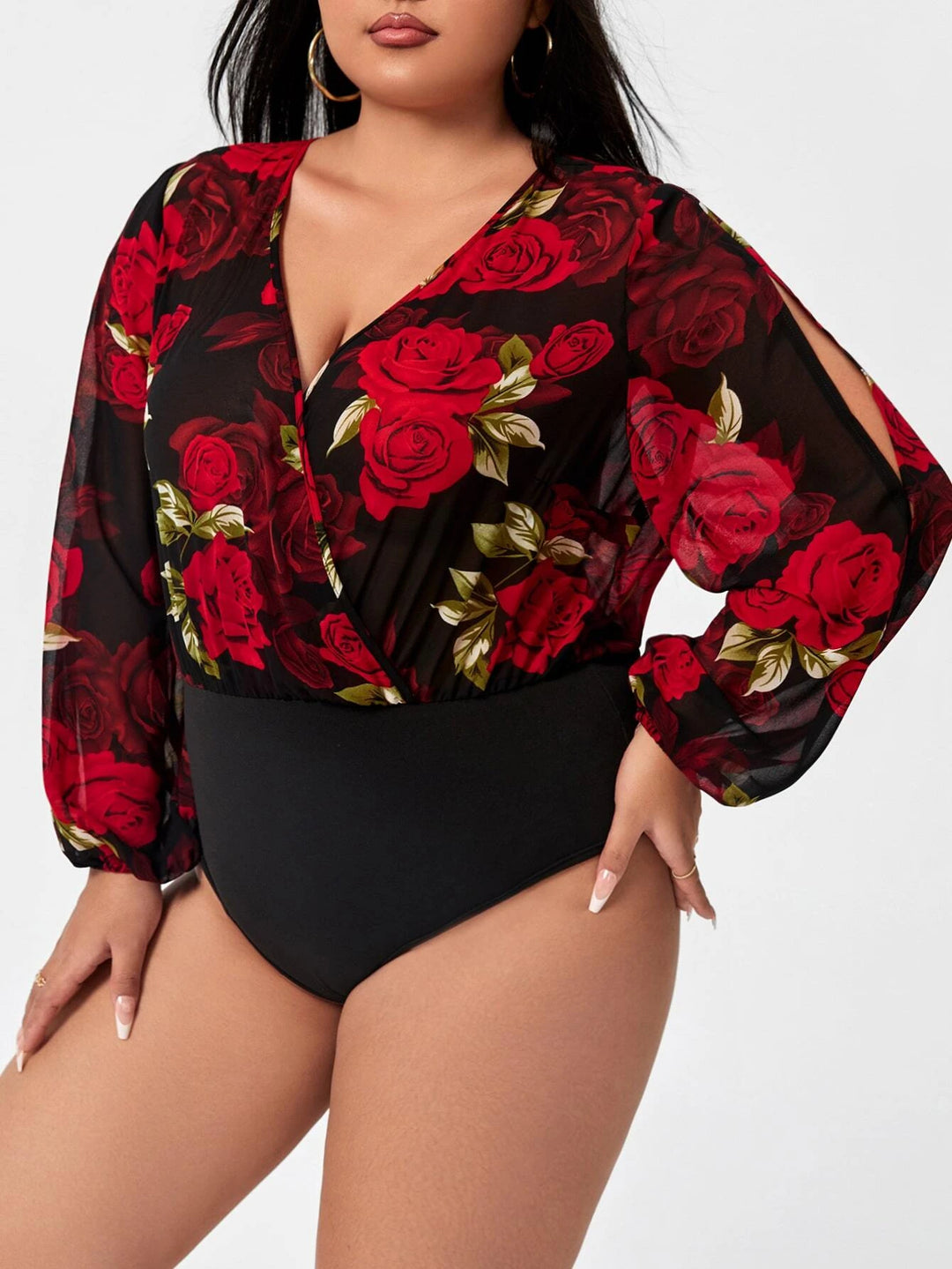 Plus Floral Print Split Sleeve V-neck Bodysuit