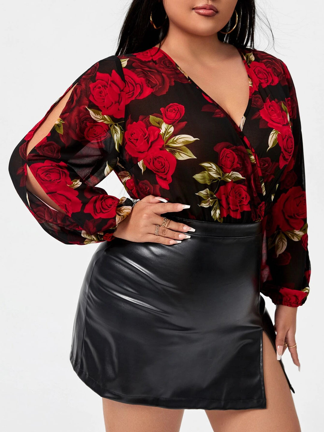 Plus Floral Print Split Sleeve V-neck Bodysuit