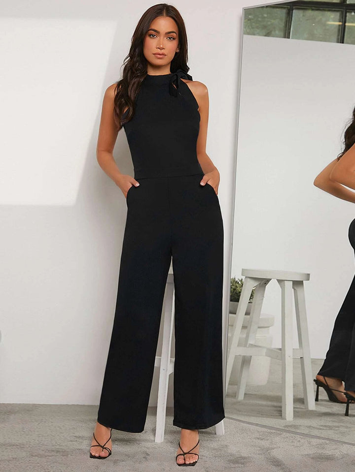 Tie Neck Pocket Detail Sleeveless Jumpsuit