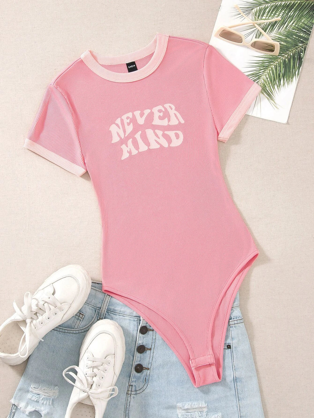 Slogan Graphic Contrast Trim Bodysuit