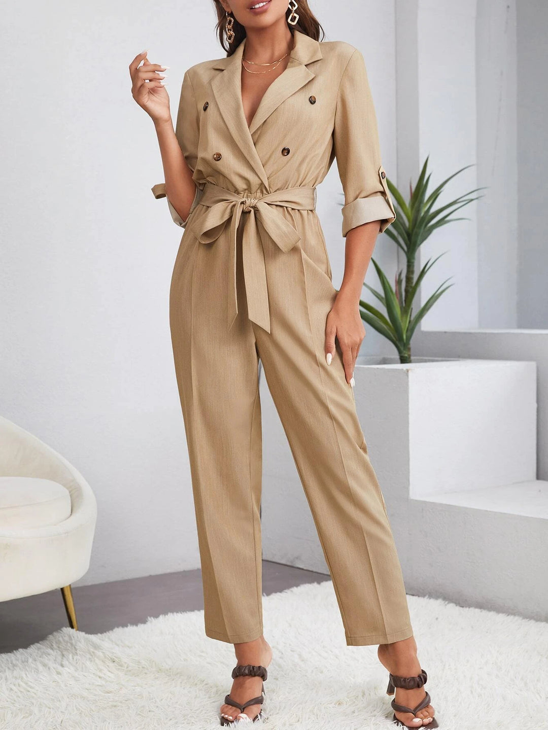 Double Roll Tab Sleeve Belted Jumpsuit