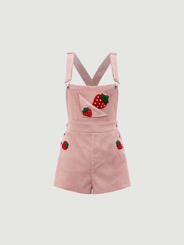 Strawberry Patched Crisscross Back Overall Romper