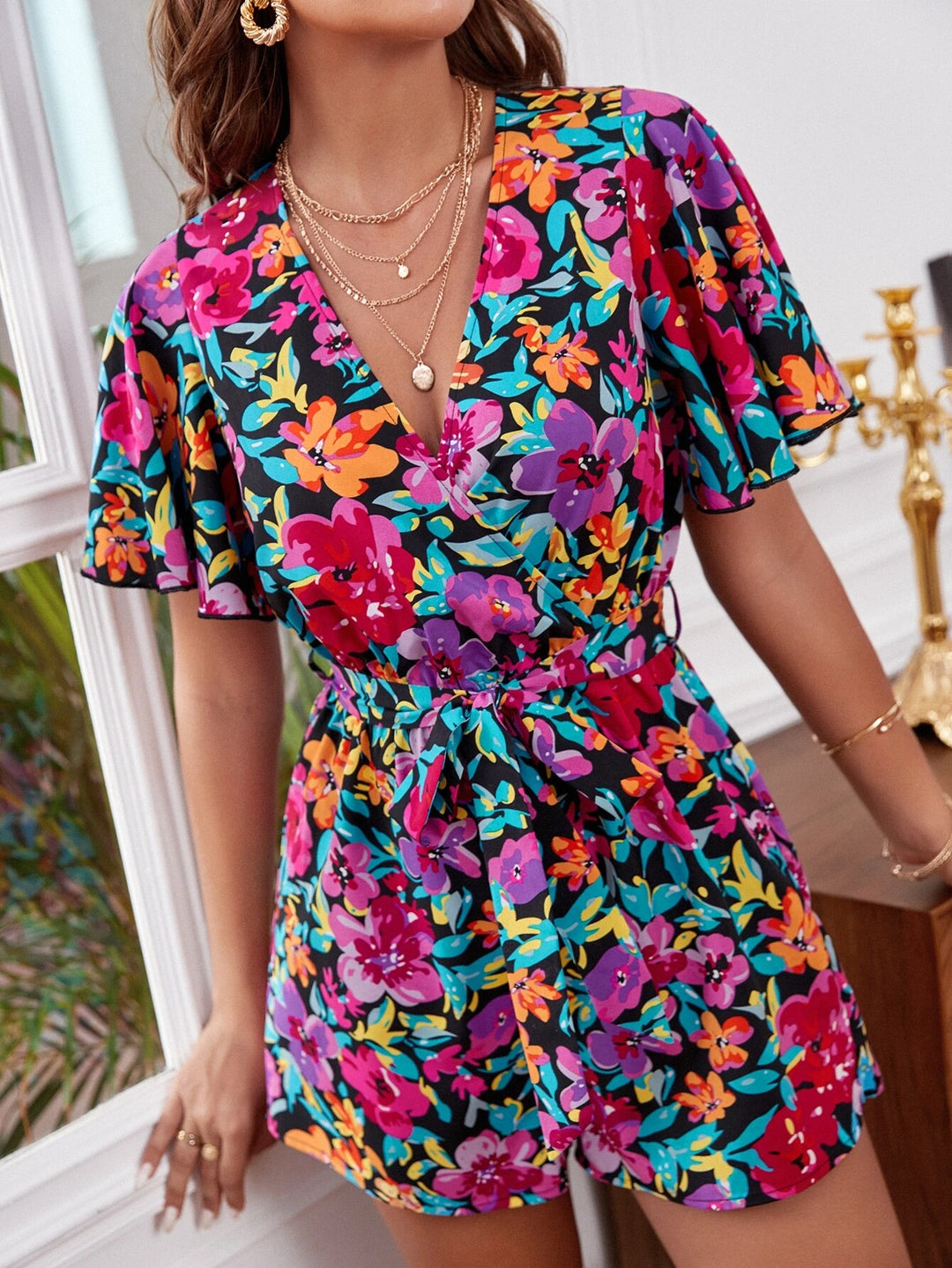 Floral Print Belted Flared Sleeve Romper