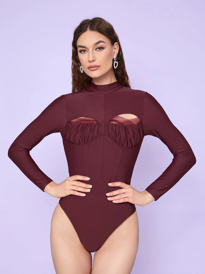 Ruched Bust Cut Out Mock Neck Bodysuit