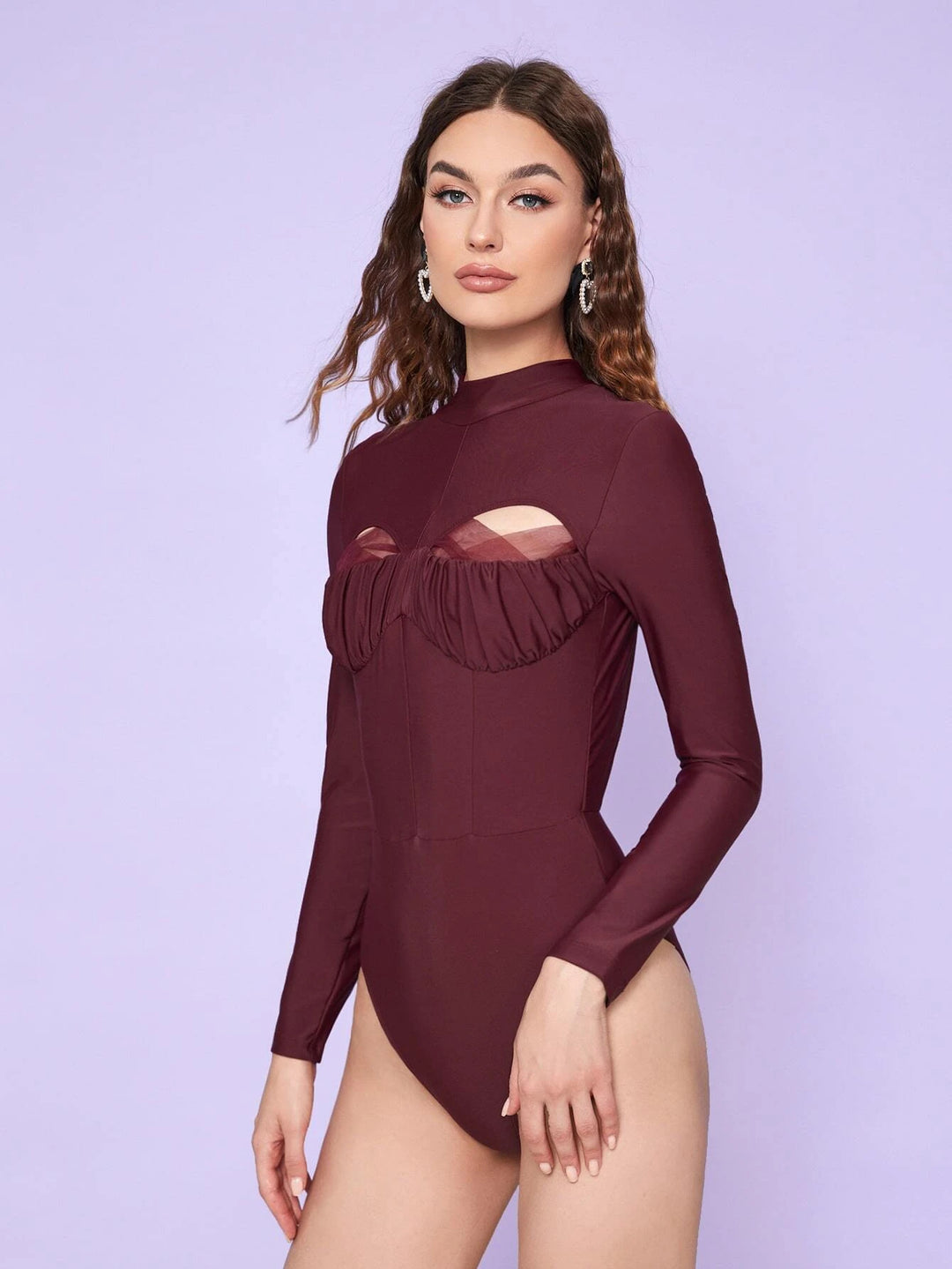 Ruched Bust Cut Out Mock Neck Bodysuit