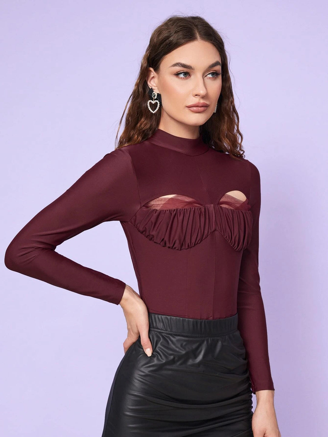 Ruched Bust Cut Out Mock Neck Bodysuit