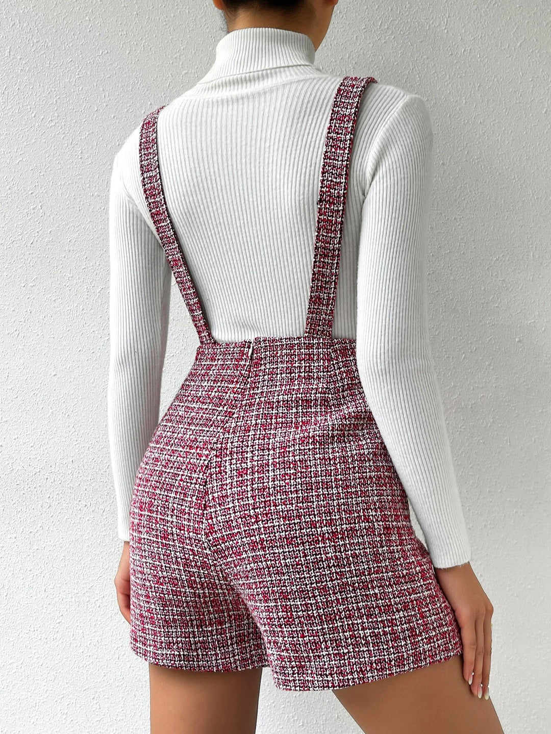 Plaid Pattern Double Pocket Tweed Romper