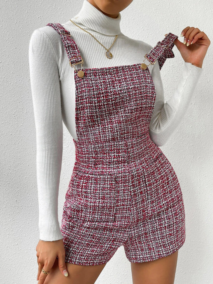 Plaid Pattern Double Pocket Tweed Romper