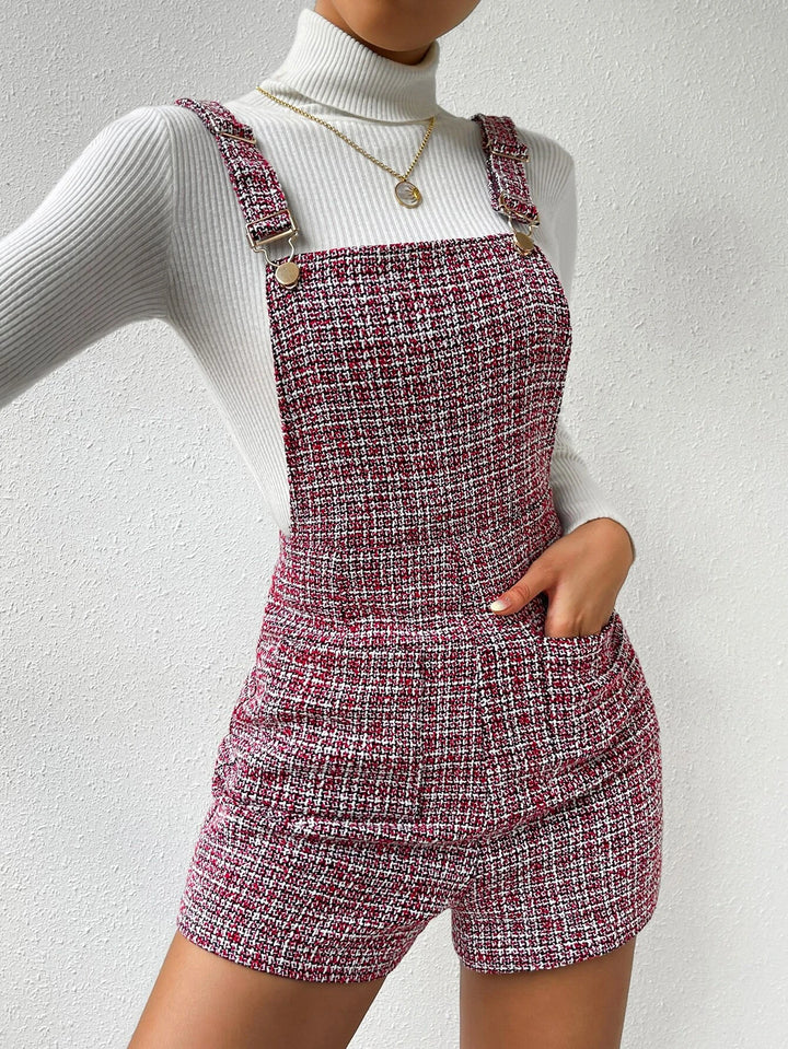 Plaid Pattern Double Pocket Tweed Romper