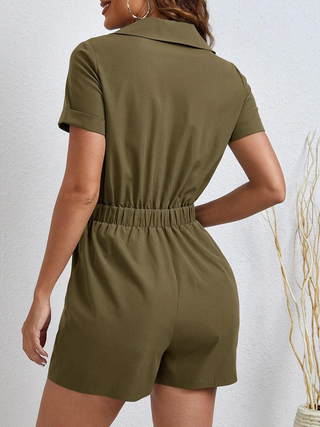 Patched Pocket Roll Up Sleeve Shirt Romper