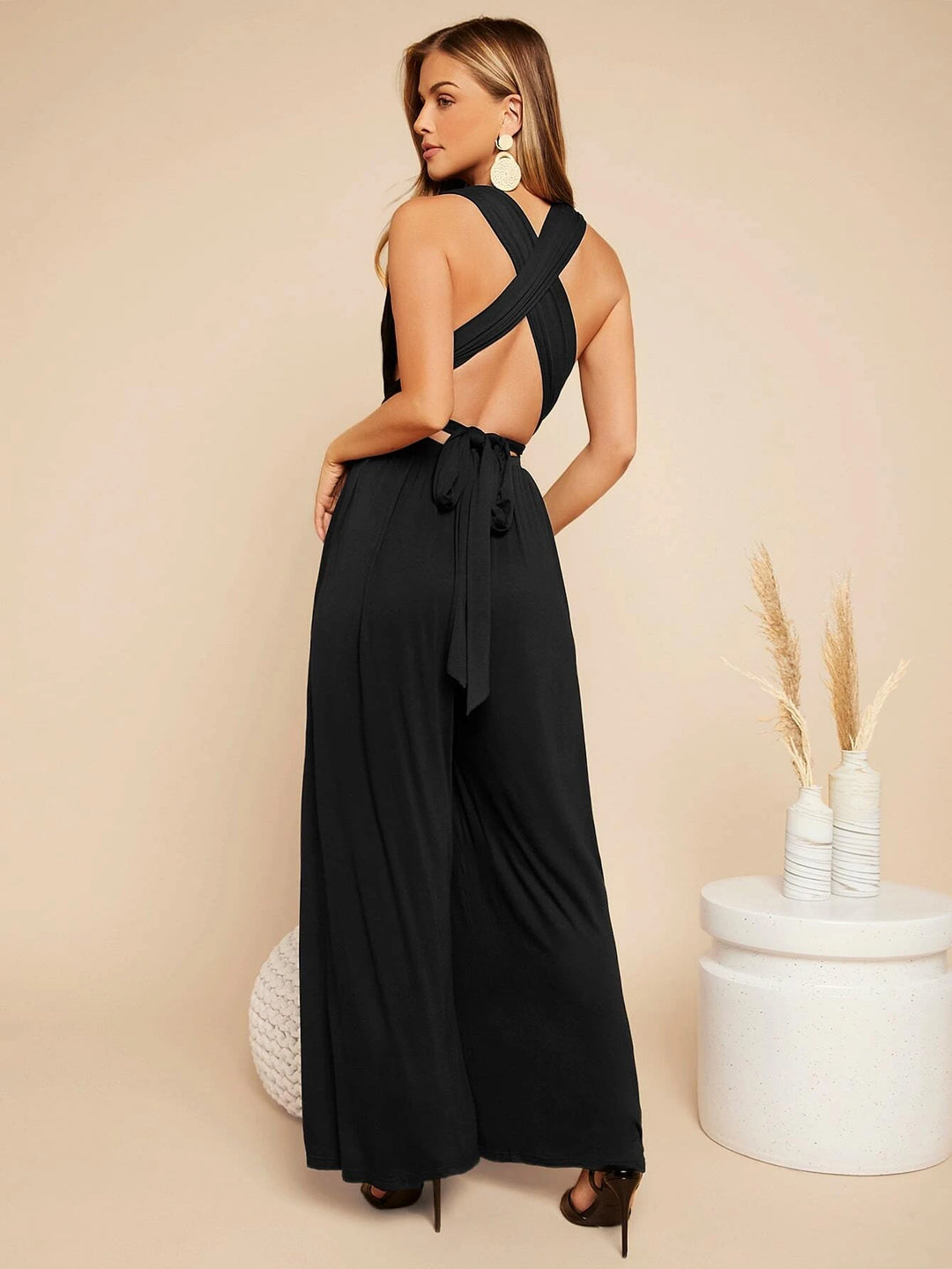 Crisscross Tie Backless Plunging Neckline Jumpsuit